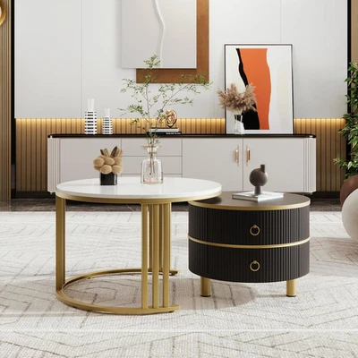 2-in-1 MDF Round Coffee Tables Black and Gold Nest of Tables70x70x46+50x50x40 cm - Image 1 of 4