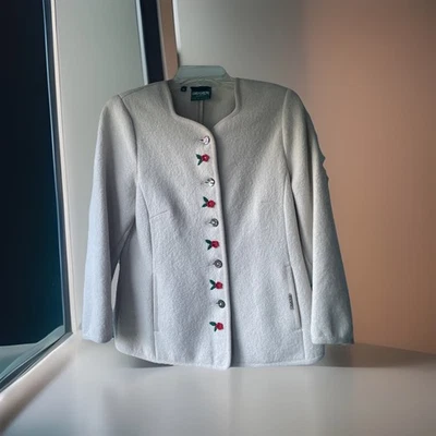 VTG Geiger 100% Wool W/ Red Rhinestones Flower Accents Sweater Jacket Austria 36 - Image 1 of 4