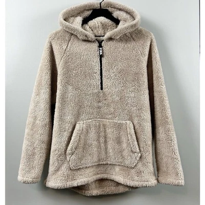 PINK VICTORIAS SECRET Beige Half Zip Teddy Bear Sherpa Pullover Hoodie Size S - Image 1 of 3