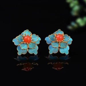 Vintage handmade cloisonn é ruby peony flower earrings gift for women's jewelry - Picture 1 of 4