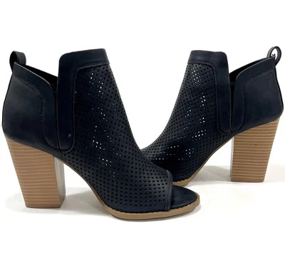 Peep Toe Booties Cognac Block Heel Perforated Black Vegan Leather Womens Size 9 - Image 1 of 4