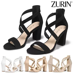 ZURIN Women's Elastic Ankle Strap Sandals Open Toe Block Heels Pumps Dress Shoes - Picture 1 of 62