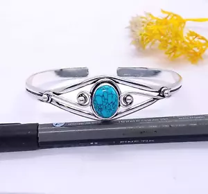 925 Sterling Silver Turquoise Gemstone Handmade Jewelry Cuff Bracelet Adjustable - Picture 1 of 4