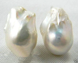 14x20mm White Natural Freshwater Cultured Keshi Baroque Pearl Silver Earrings - Picture 1 of 7