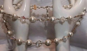 Vintage 2 Stand Chocker Faux Pearls Glass Diamond Beads Gold Links - Picture 1 of 12