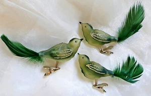 ❀ 3 x Glasvogel Lauscha Grün mit Gold-Glitzer Glas Vogel Christbaumschmuck #195A - Bild 1 von 3