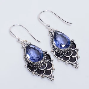 Iolite Gemstone Vintage Style Handmade 925 Sterling Silver Earrings 1.9" O404 - Picture 1 of 5