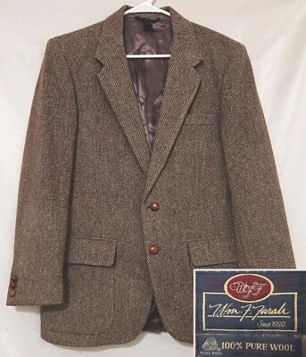 WFF Farah Tweed Herringbone Mens 40R Brown 100% Wool Blazer 2-Button Suit Jacket - Image 1 of 4