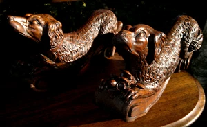 Pair of Large 19thC Antique French Hand Carved Oak Recumbent Hound Dogs 19" - Picture 1 of 24