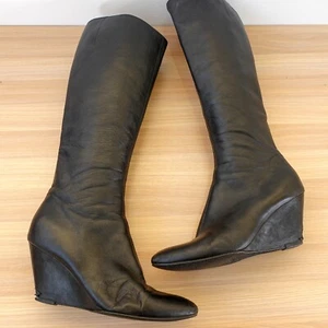 GIUSEPPE ZANOTTI Black Leather Boots 37 Knee High Wedge Riding 6.5 Tall ITALY - Picture 1 of 21