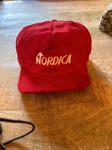 Vintage Nordica Red With White Lettering Corduroy Hat SnapBack Embroidered - Picture 1 of 5