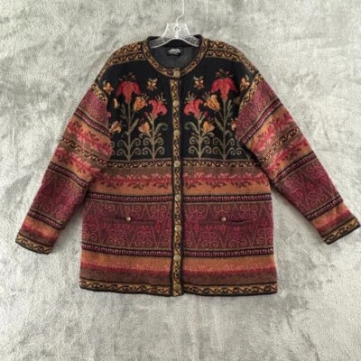 Vintage Icelandic Design Lily Floral Wool Cardigan Sweater Measures L Lined - Image 1 of 4