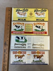 4 Pre-1950s Evaporated Milk Labels Silver Lake Summit Brand Sun Fresh INV-AQ1023 - Picture 1 of 24