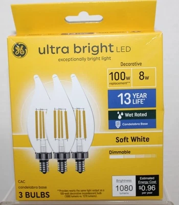 GE Ultra Bright 100w Repl LED Bulbs CAC Candelabra Base Soft White 3-Pack - Image 1 of 4