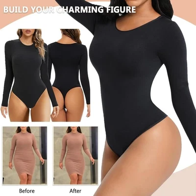 Tummy Control Bodysuit Long Sleeve Shapewear for Women Seamless Comfort Slimming - Image 1 of 4