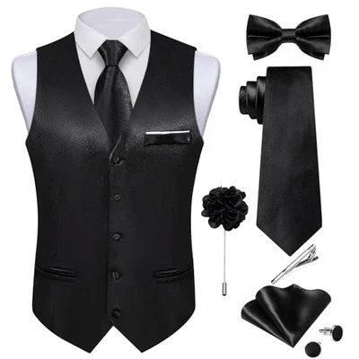  Mens Satin Suit Vest and Tie Set 8PCS Solid Waistcoat and Bowtie Large Black - Image 1 of 4