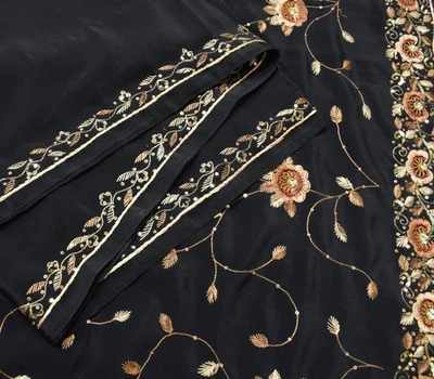 Tecido social Sushila vintage crepe seda preto saree bordado à mão macio sari - Imagem 1 de 4