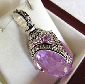 SALE ! GOREGEOUS RUSSIAN ENAMEL EGG PENDANT STERLING SILVER 925 with AMETHYST - Picture 1 of 2