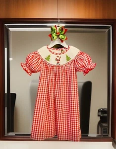 Girls NWT Banana Split Smocked Dress Long Christmas Free Bow 24 Months - Picture 1 of 7