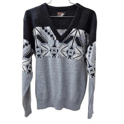 VTG 80s Esprit by Campus Virgin Orlon Acrylic V Neck Sweater Blk/Gry Womens M - Image 1 of 4