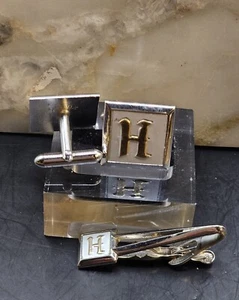 Vintage SWANK "H" Monogram Cuff Links & Tie Bar Clip Set – Mid-Century Men's Acc - Picture 1 of 8