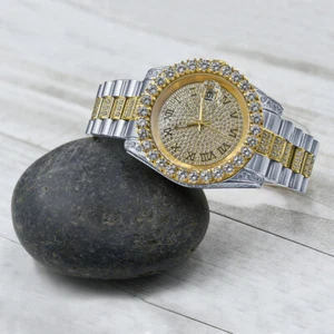 Men's Yellow Gold Tone Stainless Steel Presidential Watch 41MM Simulated Diamond - Picture 1 of 7