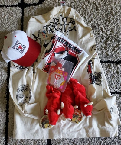 Chicago Bulls - 2 Shirts, 1 Hat, 4 Beanie Babies, 2 Buttons - Bought At Games Cover