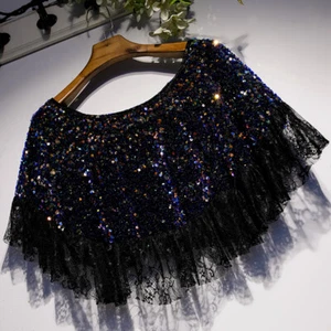 Lady Ruffle Lace Sequins Poncho Cloak Cape Shiny Shawl Shrug Bolero Elegant Cute - Picture 1 of 12