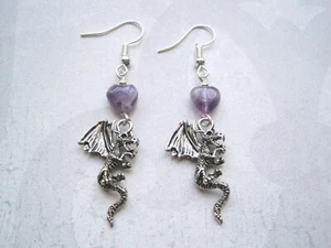 Dragon Charm Purple AMETHYST HEART GEMSTONE BEADED SP Earrings Khaleesi GOT - Picture 1 of 2