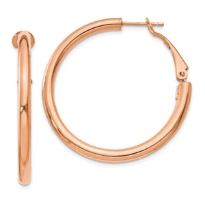 14k Rose Gold 3x30mm Polished Round Omega Back Hoop Earrings 3.69g for Women - Picture 1 of 4