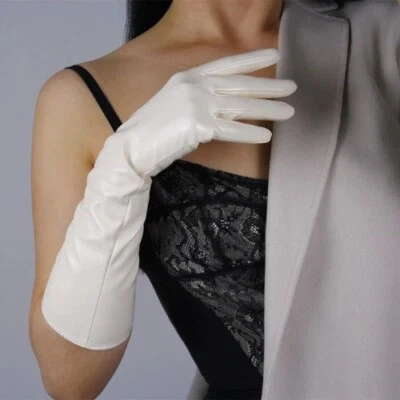 LATEX LONG GLOVES Shine Leather Faux Patent PU 16" 40cm Opera Cream Ivory - Image 1 of 4
