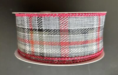 New Celebrate It Gray, White, & Red Plaid Holiday Wired Ribbon 1 1/2 in. x 30 Ft - Image 1 of 4