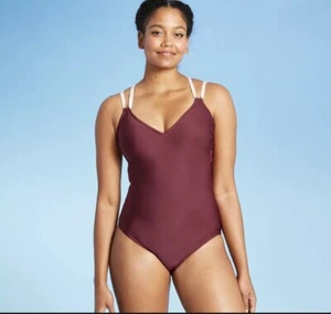 Traje de baño para mujer de doble correa corte láser de una pieza - todo en movimiento Borgoña - Imagen 1 de 2