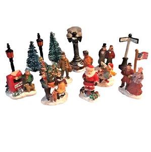Christmas Village Accessories 14 Piece Set Working People Santa Trees Fishing - Picture 1 of 8