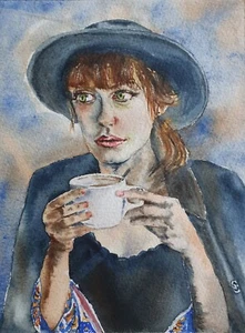 Sultry Red Haired Green Eyed Woman Original Watercolour Portrait 11"×9" Framed - Picture 1 of 6