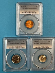 3-Coins 1c/5c/10c PCGS BU 1978D/1985/1980D - Picture 1 of 4