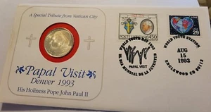 1993 Papal Visit Denver Pope John Paul II 500 Lira Coin BU Folio+Stamps - Picture 1 of 2