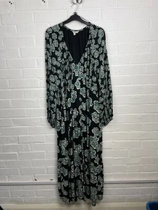 Fat Face Maxikleid schwarz grün Blumen tief ausgeschnitten Langarm Damen UK 18 #CS - Bild 1 von 4