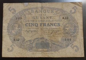 1901 (1942) French Guiana 5 Francs P-1d Guyane VG Repaired World Note Banknote - Picture 1 of 2