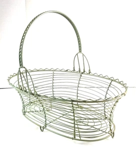 Vintage French Country Green Metal Wire Egg Basket Handle 14" - Picture 1 of 7