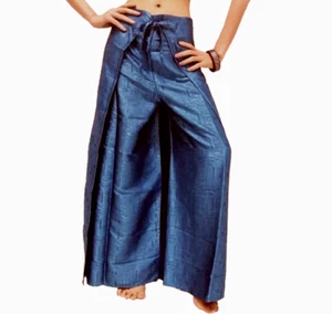 Women's Thai Silk Fisherman Pants Palazzo Blue/Gray Sarong Harem Hippie Trousers - Picture 1 of 3