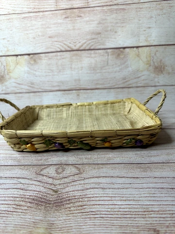 Vintage Raffia Woven Wicker Vegetable Lined Nesting Casserole Dish Carry Basket Cover