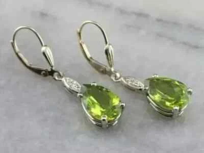 3Ct Pear Lab Created Peridot Women Drop Dangle Earring 14K Gold Plated Silver - Image 1 of 4