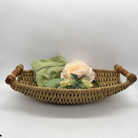 Vtg Seagrass Hand-Woven Cording Wooden Handles Large Oblong Serving Basket 15" Cover