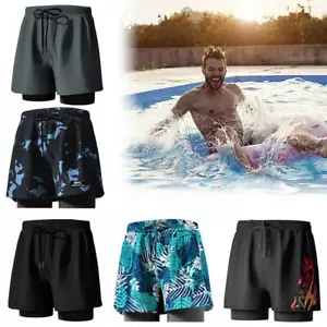 Swimming Trunks with Compression Liner Stretch Mens Swimwear 2 in 1 Quick Dry C1 - Picture 1 of 24