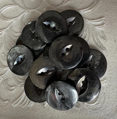 (6) Large Vintage Mother of Pearl Buttons, Unique Gun-Metal Gray Finish Cover