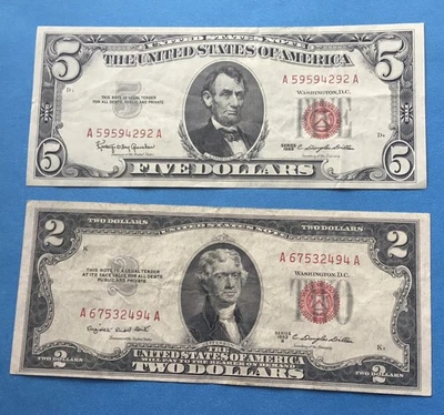 1963 $5 Dollar Red Seal Bill + 1953 B $2 Dollar Red Seal Note - Image 1 of 4