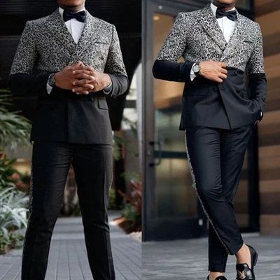Trajes florales de leopardo para hombre calce ajustado formal pico solapa novio graduación doble pecho Foto 1 de 4