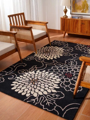 Hand-Tufted Wool Rug Black Floral Modern Design For Living Room Carpet Rug Sale - Image 1 of 4