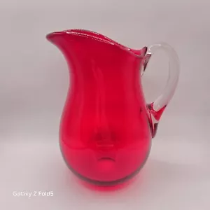 Vintage Red Ruby Glass Jug/Pitcher, Handmade, Possibly Whitefriars, 7.75" Tall - Picture 1 of 9